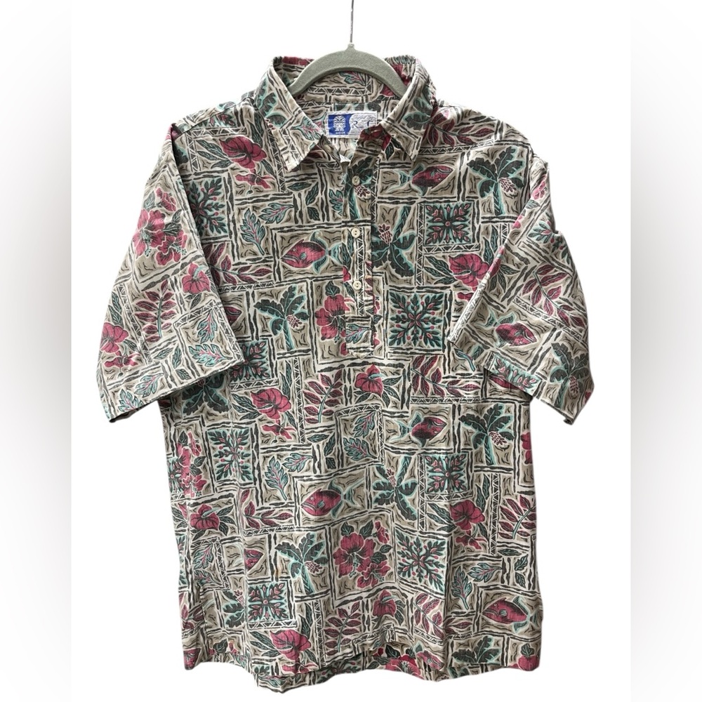 Reverse Print tiki geo Hawaiian Shirt Made in Hawaii Floral-L